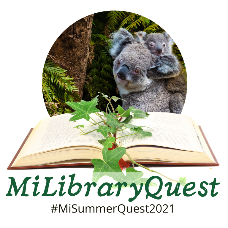 MiLibraryQuest logo with koalas, an open book, and the text #milibraryquest2021